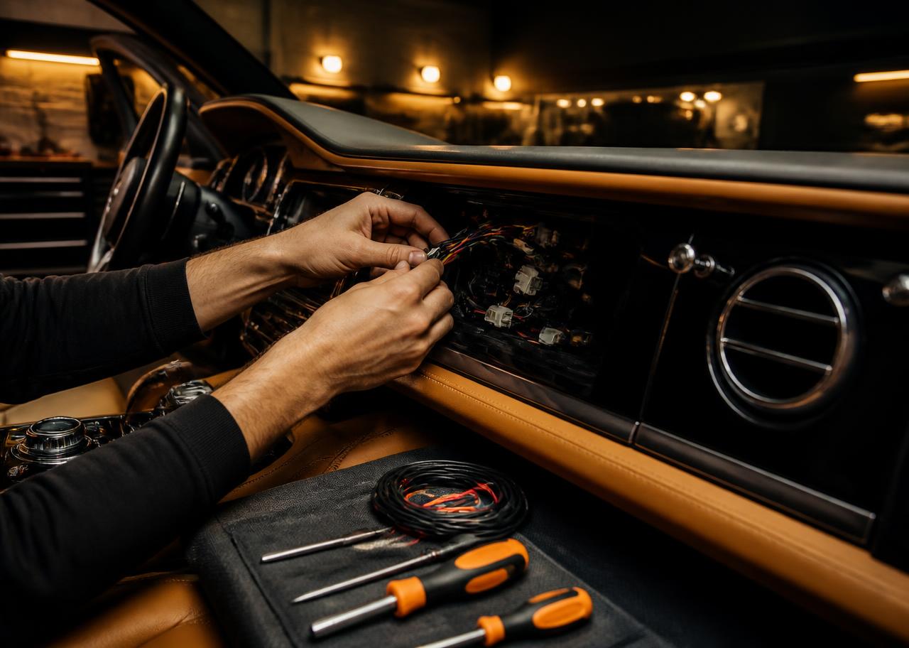 Installer wiring a luxury car dashboard in a workshop