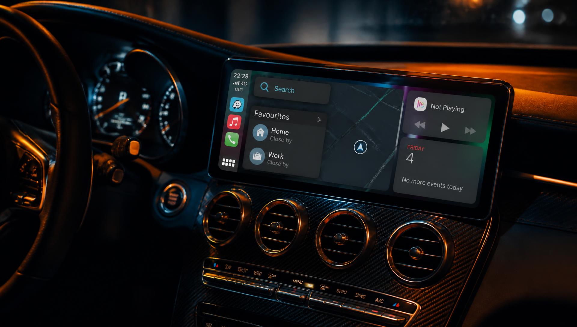 Luxury car dashboard at night with a large CarPlay style touchscreen