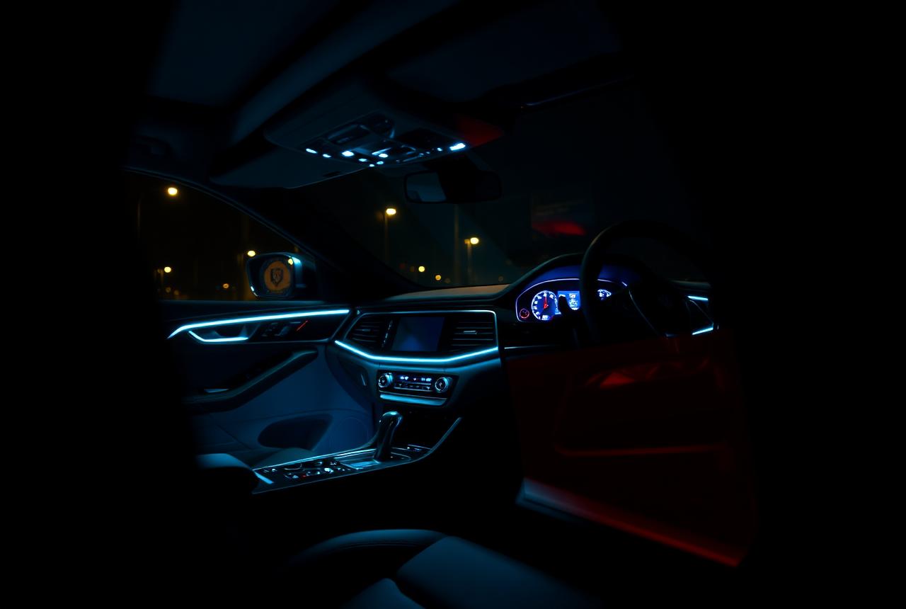 Car interior at night lit by cyan ambient LED strips along the doors and dashboard