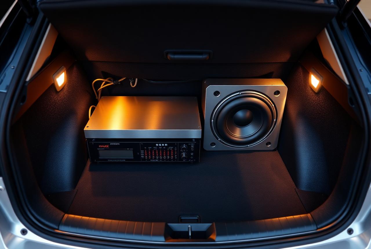 Amplifier and subwoofer enclosure neatly installed in a car trunk with accent lighting