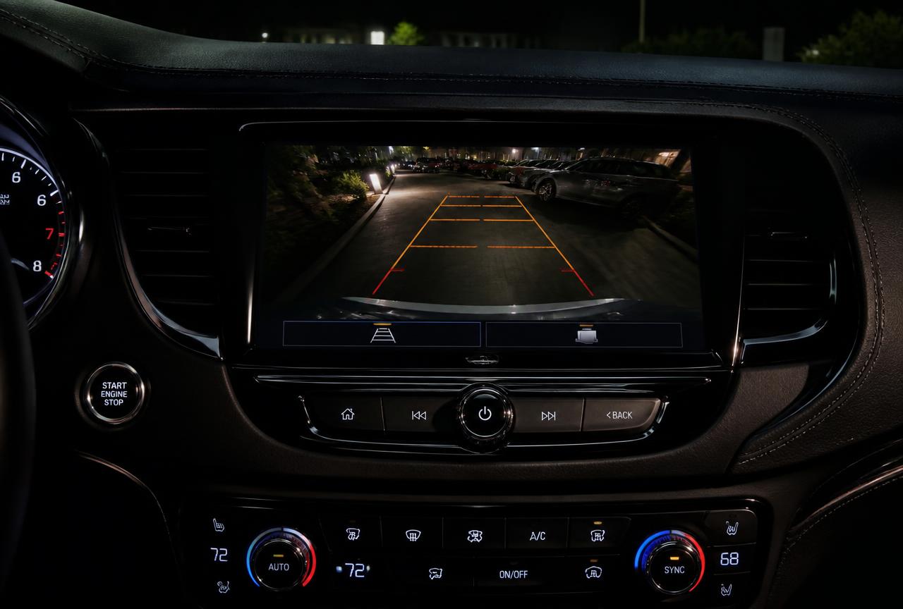 Dashboard screen showing a reverse camera view with orange parking guide lines