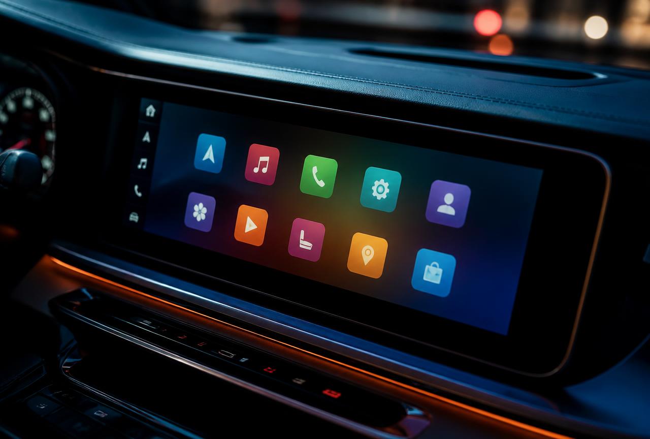 Car dashboard screen showing a colourful CarPlay style app grid at night