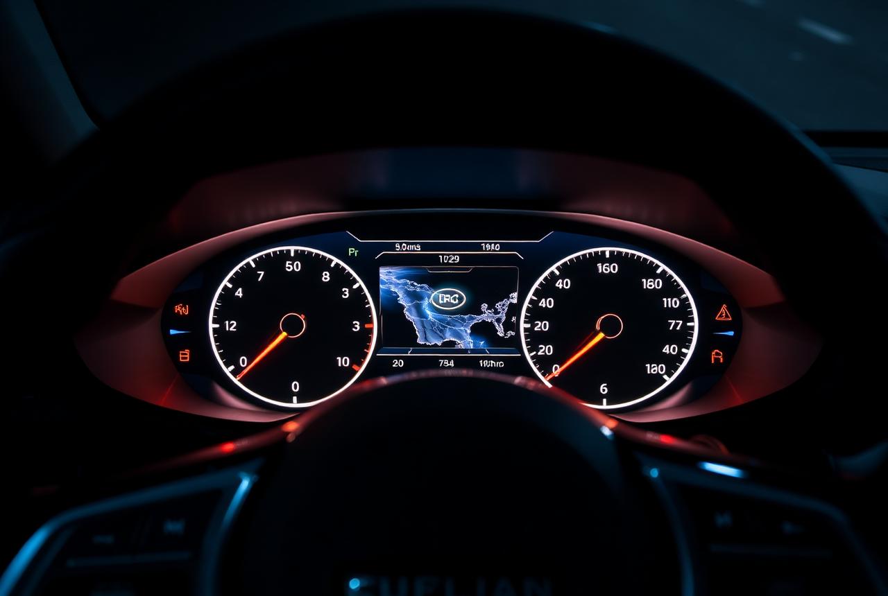 Glowing digital instrument cluster behind a car steering wheel