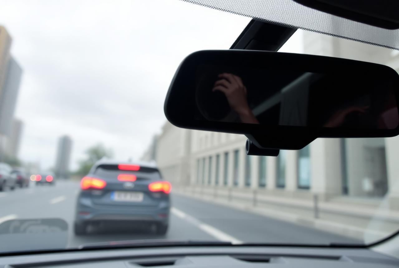 Compact dash camera mounted beside the rear view mirror of a car