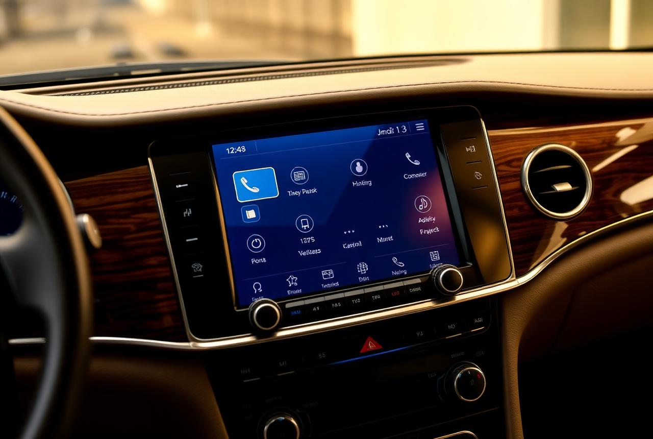 Upgraded infotainment screen blended into an older luxury car dashboard with wood trim