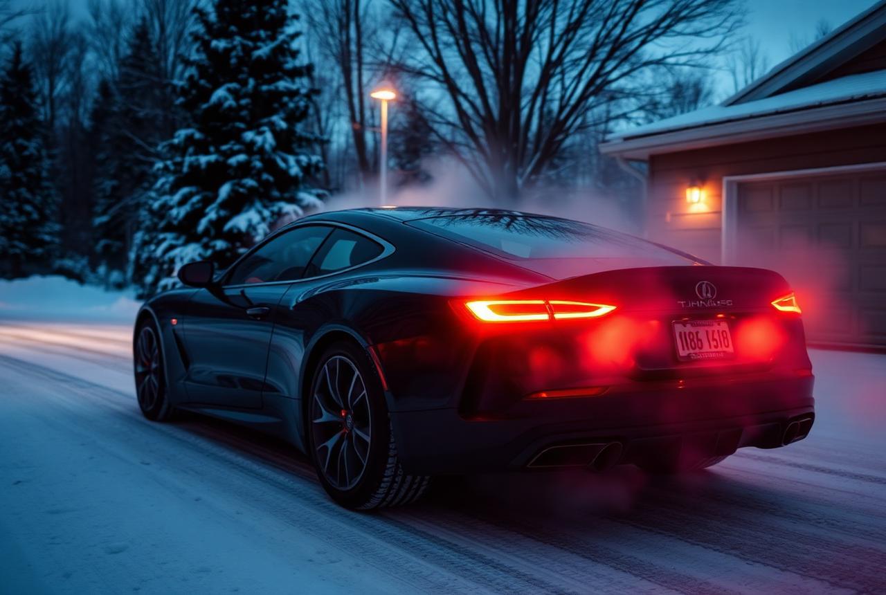 Dark luxury car warming up in a snowy driveway at dusk with tail lights on