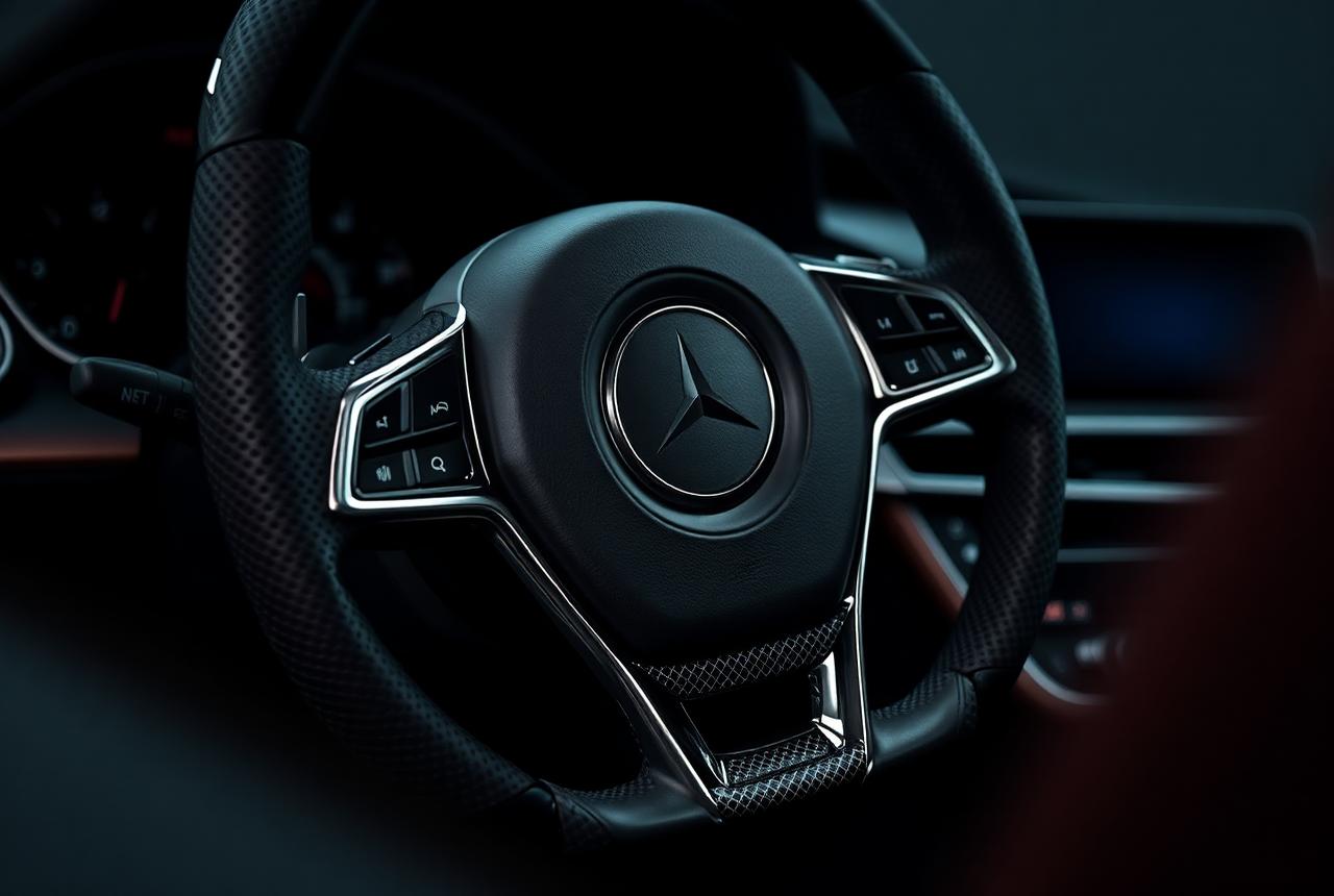 Premium flat bottom leather and carbon fibre steering wheel in a luxury car