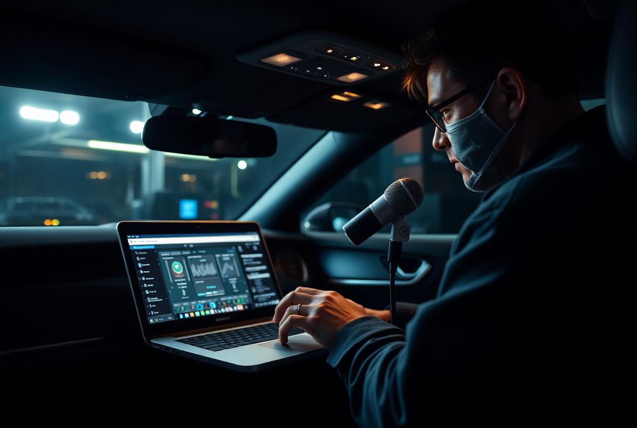 Technician tuning a car audio system with a laptop and measurement microphone